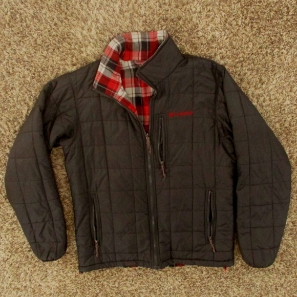 Columbia Jacket Women Medium Black Red Reversible Quilted Plaid Flannel Full Zip - Picture 1 of 8